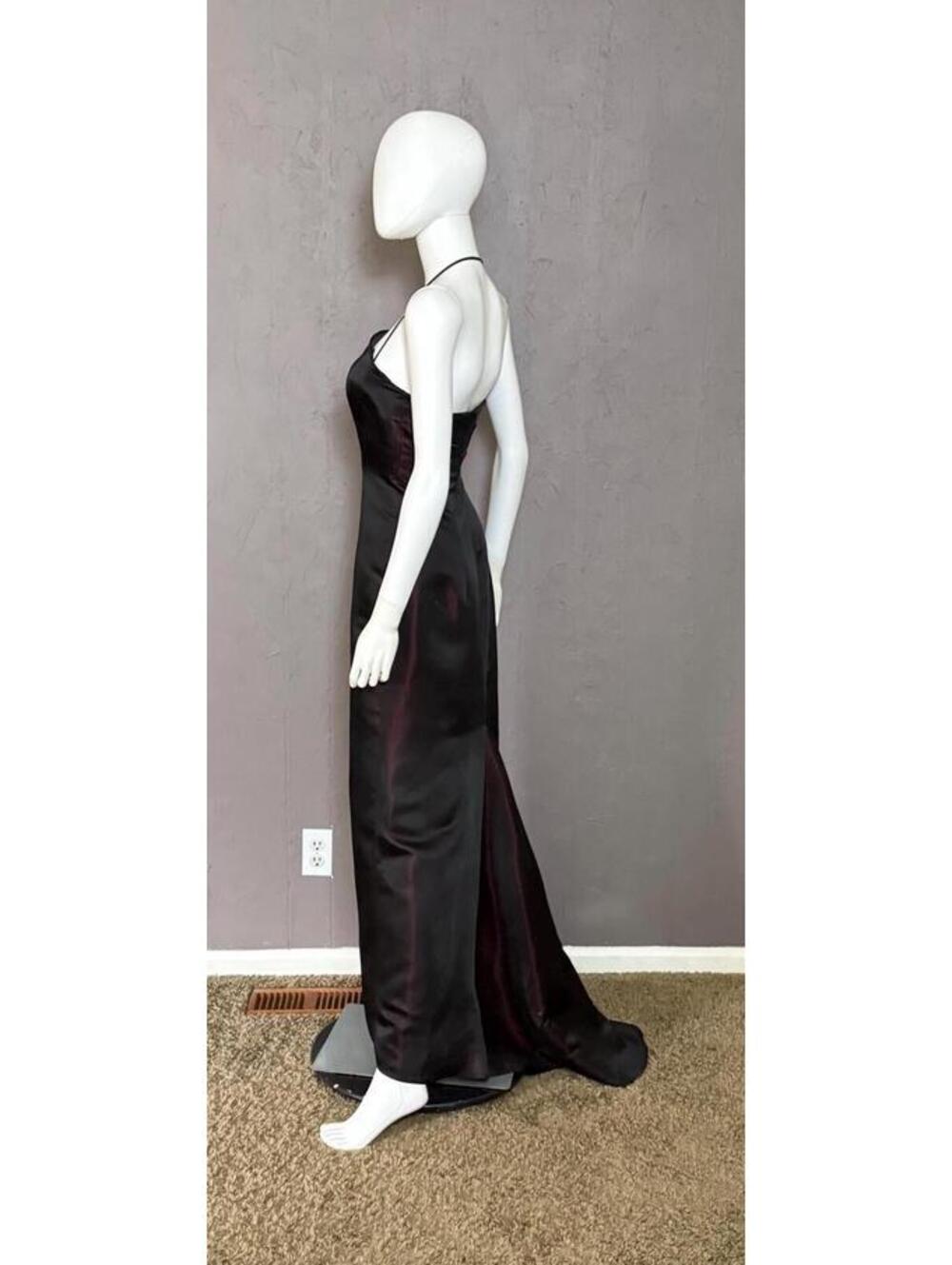 1990's Iridescent Black + Red Satin Gown by GEORGIOU Goth Goddess Sheath +Train - Picture 5 of 13